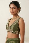 Festive Olive Mirror-Work Sleeveless Blouse